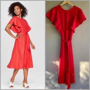 Who What Wear Target Red Linen Blend Midi Flutter Sleeve Belted Dress XS
